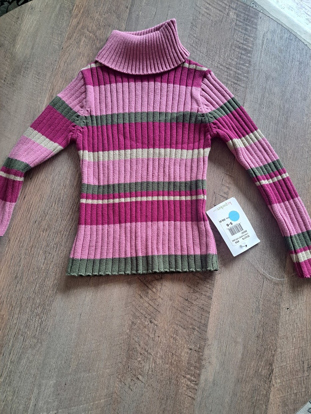 Girls' Striped Ribbed Turtleneck Sweater in Pink and Olive